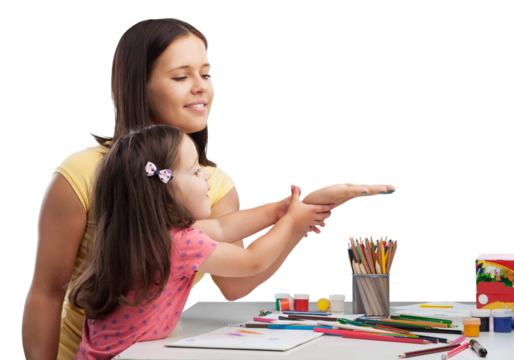 Happy mother and cute little girl doing homework,writing and painting.