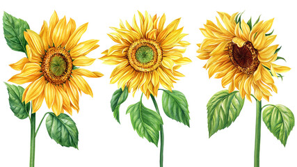 Bright flowers sunflowers isolated on white background. Botanical painting, watercolor illustrations. Set yellow flowers