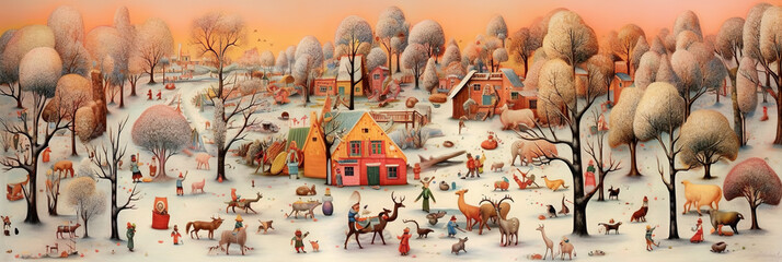 A painting of a village with a lot of animals. Generative AI.