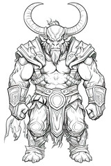 Fototapeta na wymiar A drawing of a Minotaur, a bull man with horns and armor. Coloring page for kids. Generative AI.