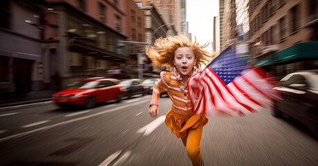 Obraz na płótnie Canvas little girl with a American flag painted jetpack flying through new york celebrating 4th of july or independence day,generative ai.