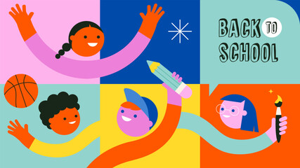Vibrant Color Back To School background concept design. Geometrical flat style illustration, banner and poster. Kids, school supplies, backpack and yellow bus illustration