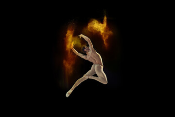 Flexible, muscular, young man, professional ballet dancer in beige bodysuit dancing with colorful powder explosion over black background. Concept of art, festival, beauty of dance, inspiration, youth