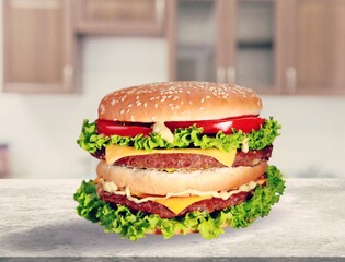 Tasty fresh Hamburger dish on desk