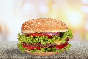 Tasty fresh Hamburger dish on desk