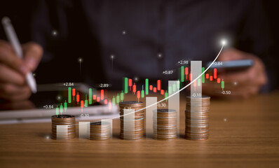 Businessman is calculating income and return on investment in percentage. Interest rate and...
