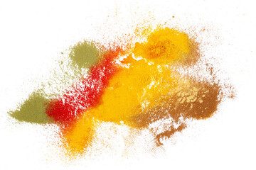   Mix colorful spice, ground lemongrass, turmeric, cayenne pepper ground, cinnamon pile, ginger and...