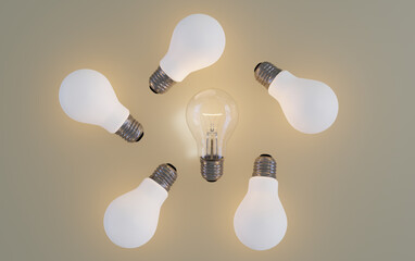 On and off light bulb with power on light bulb at center, idea concept, 3D illustration rendering