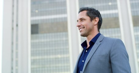 City building, happiness and business man walking, travel or on June corporate trip, outdoor journey or morning work commute. Happy manager, sales agent or confident person walk to office buildings