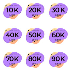 ILLUSTRATION SET 10K TO 90K LIKES BADGE SOCIAL MEDIA TEMPLATE DESIGN ICON VECTOR. GOOD FOR BANNER,COVER, WEBSITE