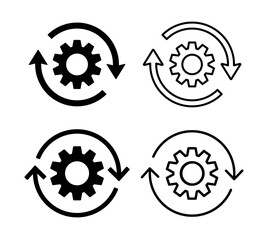 Sync or synchronization process icons set. Gear wheel circle arrow in flat and line style. Workflow process. Vector illustration