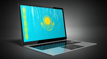 Kazakhstan - country flag and binary code on laptop screen - 3D illustration