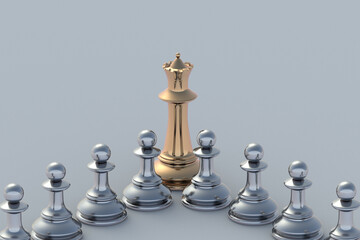 Innovative development. Golden and silver chess figures. Achievement of the goal. Successful strategy. Corporate relations. Referral program. Pinnacle of success. Business management. 3d render