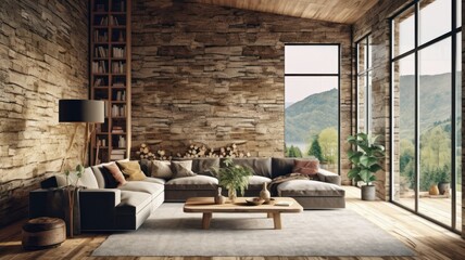 Stone and Wood Rustic Interior Design Concept, with Modern and Contemporary Furnitures. Spacious and Bright Living Room with a great view. Generative AI illustration.