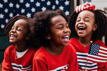 Generative Ai illustration realistic of joyful African American children with US flags laughing with closed eyes during Independence Day celebration