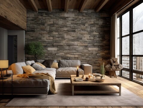Stone and Wood Rustic Interior Design Concept, with Modern and Contemporary Furnitures. Spacious and Bright Living Room with a great view. Generative AI illustration.