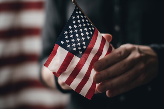 AI generated illustration of crop anonymous man demonstrating Flag of United States of American during Independence Day celebration