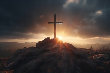 Cross on the top of the mountain with sunset background.Generative Ai