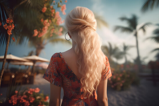Generative AI illustration of back view of unrecognizable female in stylish dress with long blond hair standing on beach during summer vacation