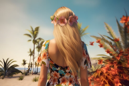 Generative AI illustration back view of unrecognizable woman in elegant dress with crown of flowers in blonde hair standing on the beach
