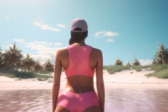 Generative AI illustration of back view of unrecognizable female in swimwear and cap standing in seawater near sandy shore with palms