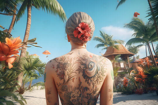 Generative AI illustration of back view of topless anonymous female blonde with tattoo and pink flowers in hair standing on sandy seashore