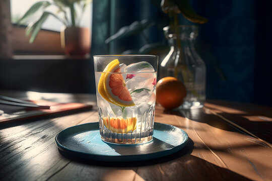 Generative AI illustration of cocktail glass with a grapefruit slice placed on a table in a tourist resort in the afternoon