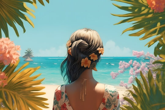 Generative AI illustration of back view of unrecognizable female with floral band in hair standing on sandy beach near waving sea against blue sky