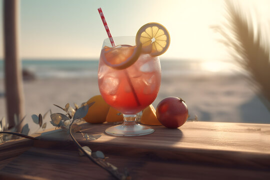 Generative AI illustration of transparent glass of cocktail decorated with lemon slice placed on table against blurred sea on beach