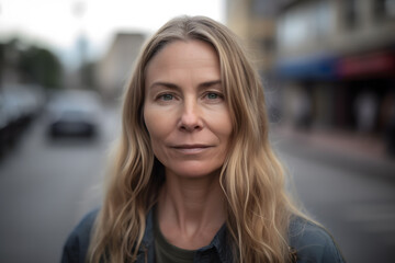 Generative AI illustration of positive middle age female with long blond hair smiling and looking at camera while standing on street in city