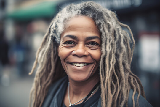 Generative AI illustration of smiling African American old female with dreadlocks smiling at camera while standing on street in city