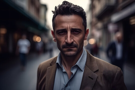 Generative AI illustration of serious adult bearded male in suit looking at camera while standing of modern city street during evening time