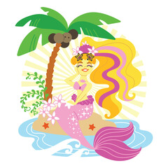 Cute cartoon mermaid with pink tail vector illustration