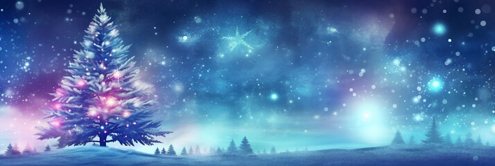 Beautiful Christmas tree decorated in lights on a blue background. With Generative AI technology