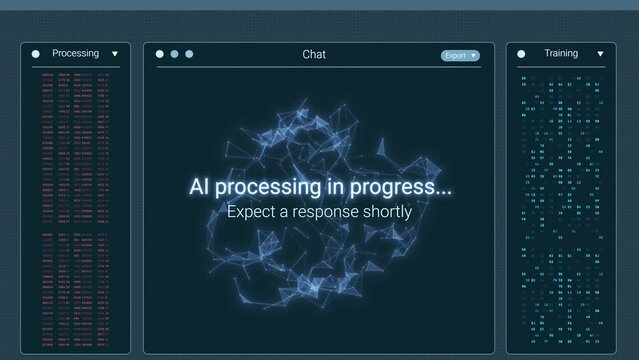 Futuristic chat ai user interface in action, artificial intelligence system, chatting with a bot, dynamics elements, advanced ai technology (3d render)