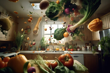 Generative AI illustration of fresh ripe vegetables and herbs on wooden table and flying over it in kitchen with various ingredients
