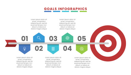 Goal infographic template design with five steps and icons