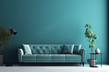 Velvet Sofa in Modern Room Interior, Luxury Home Furniture, Green Sofa, Abstract Generative AI Illustration