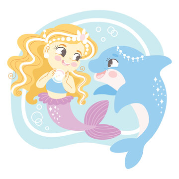 Cute cartoon blonde haired mermaid with a dolphin vector illustration