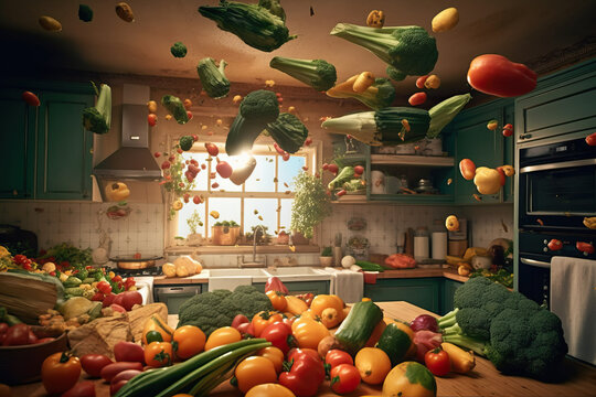 Generative AI illustration of fresh ripe vegetables and herbs on wooden table and flying over it in kitchen with various ingredients