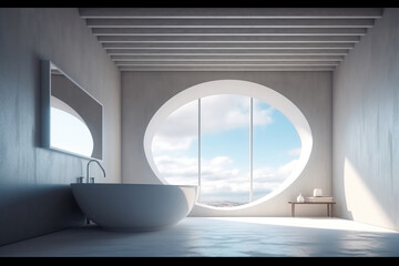 Generative AI illustration of contemporary bathroom interior design with white bathtub and tap placed under mirror hanging on wall against window in daylight