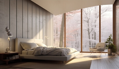 Generative AI illustration of modern bedroom interior with comfortable bed and armchair placed on carpet near panoramic window overlooking winter trees in apartment
