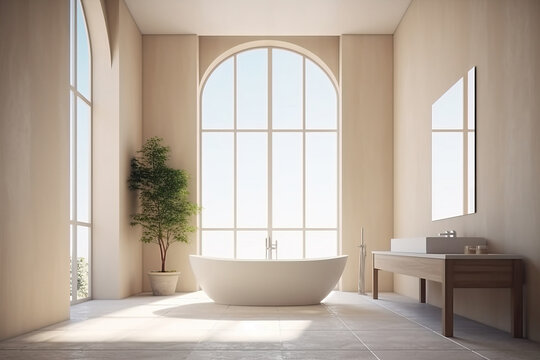 Generative AI illustration of bathroom interior design with white bathtub and tap against window in daylight
