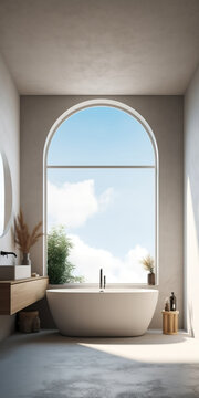 Generative AI illustration of bathroom interior design with white bathtub and tap against window in daylight