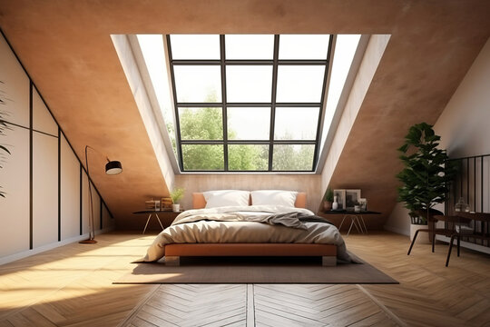 Generative AI illustration of contemporary mansard bedroom interior with soft bed placed on carpet with cushions and blanket under window in roof
