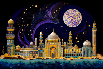 Generative AI textured vivid blue and gold illustration of arabic city with moon of muslim lamb festival
