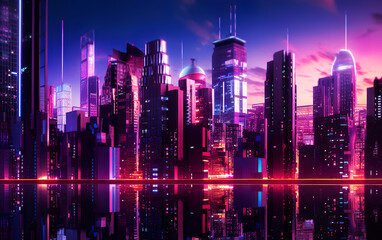 An illustration of a futuristic city at night and a sci-fi vision of a futuristic neon city with bright blue, purple and red lights every day. AI generated.