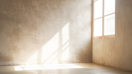 Minimalistic Aged Sunny White Room with Blank Wall and Sunny Window. AI generative. Bright Warm Tones, Mock Up.