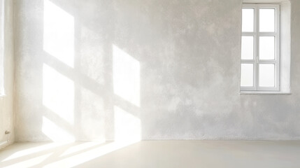Minimalistic Old Sunny White Room with Blank Wall and Sunny Window. AI generative. Bright Warm Tones, Mock Up.