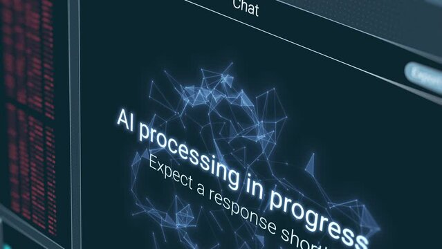 Futuristic chat ai user interface in action, artificial intelligence system, chatting with a bot, dynamics elements, advanced ai technology (3d render)